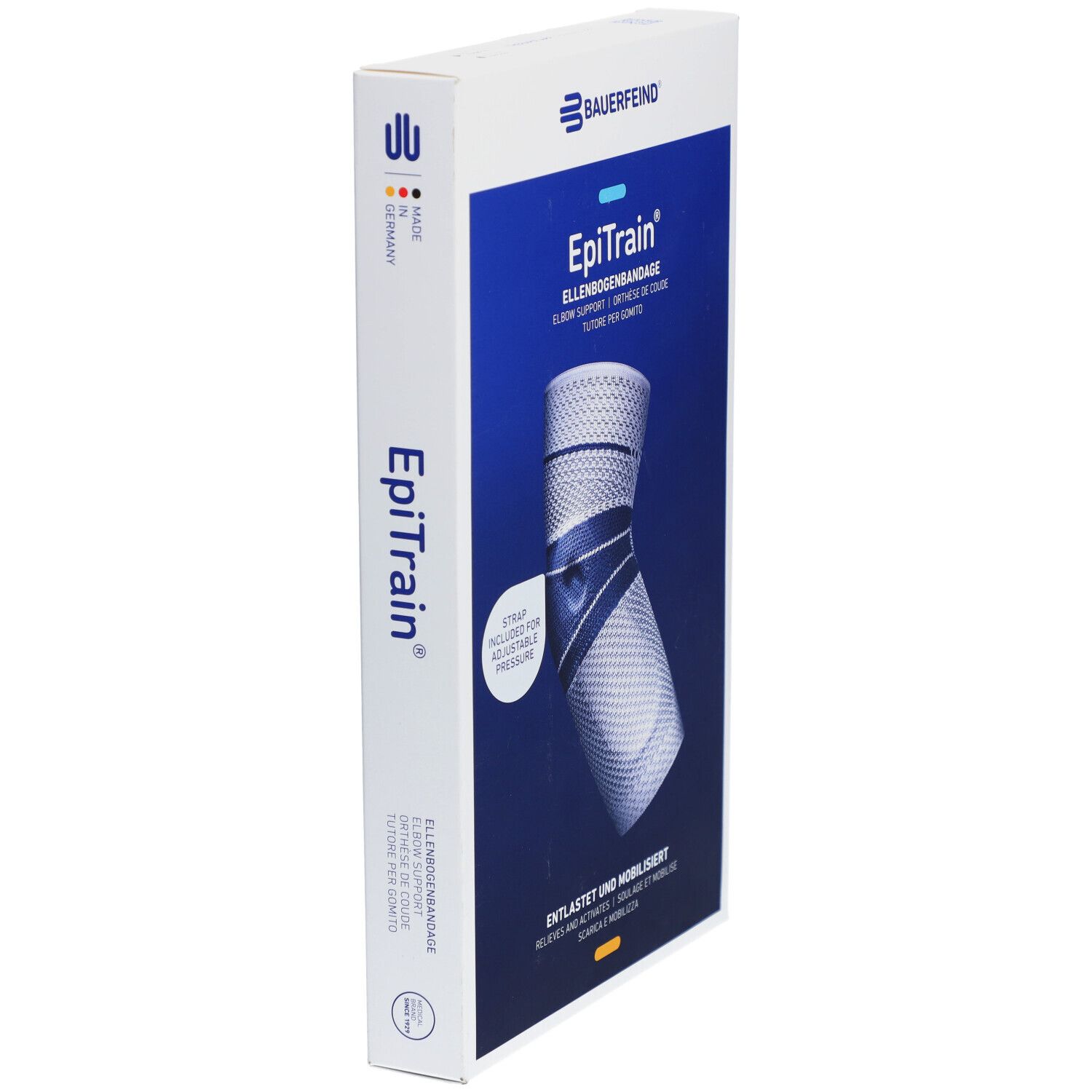 Epitrain® Aktiv Ellenbogenbandage Gr. 2 titan in Verpackung. Verpackung mit Produktabbildung und Markenlogo.