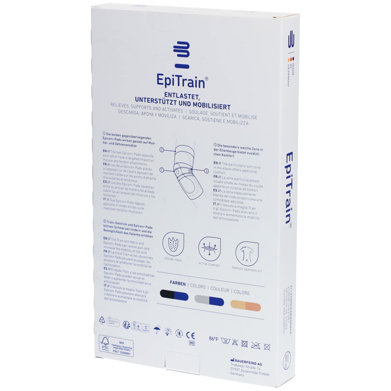 Rückseite der Verpackung der Epitrain® Aktiv Ellenbogenbandage Gr. 2 titan. Produktinformationen und Größenangaben.