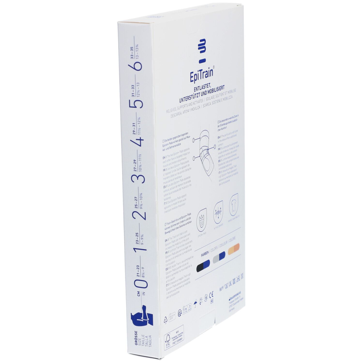 Verpackung der Epitrain® Aktiv Ellenbogenbandage Gr. 2 titan. Größenangaben und Produktinformationen auf der Seite.