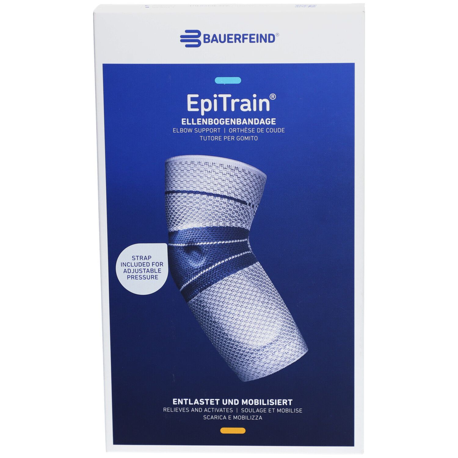 Epitrain® Aktiv Ellenbogenbandage Gr. 2 titan in Verpackung. Vorderansicht der Verpackung mit Produktabbildung.