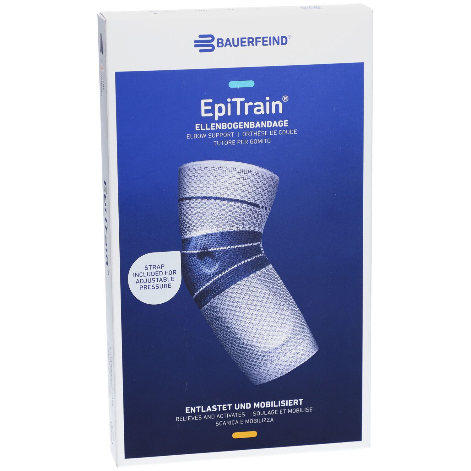 Epitrain® Aktiv Ellenbogenbandage Gr. 2 titan in Verpackung. Vorderansicht der Verpackung mit Produktabbildung.