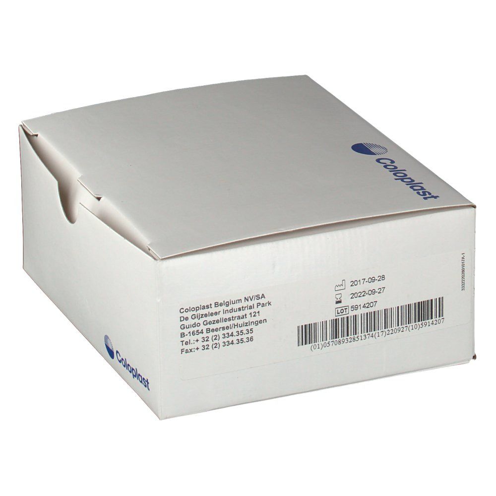 Witte doos met Coloplast-logo. Adresgegevens en barcode op de zijkant.