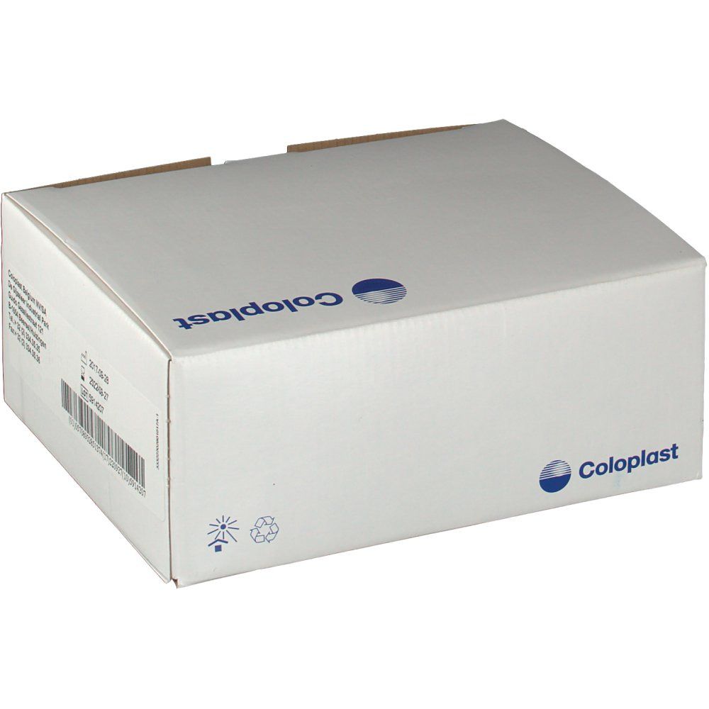 Witte doos met Coloplast-logo. Adresgegevens en barcode op de zijkant.