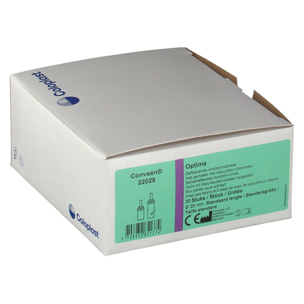 Witte doos met Coloplast-logo. Groene productinfo, CE-markering.