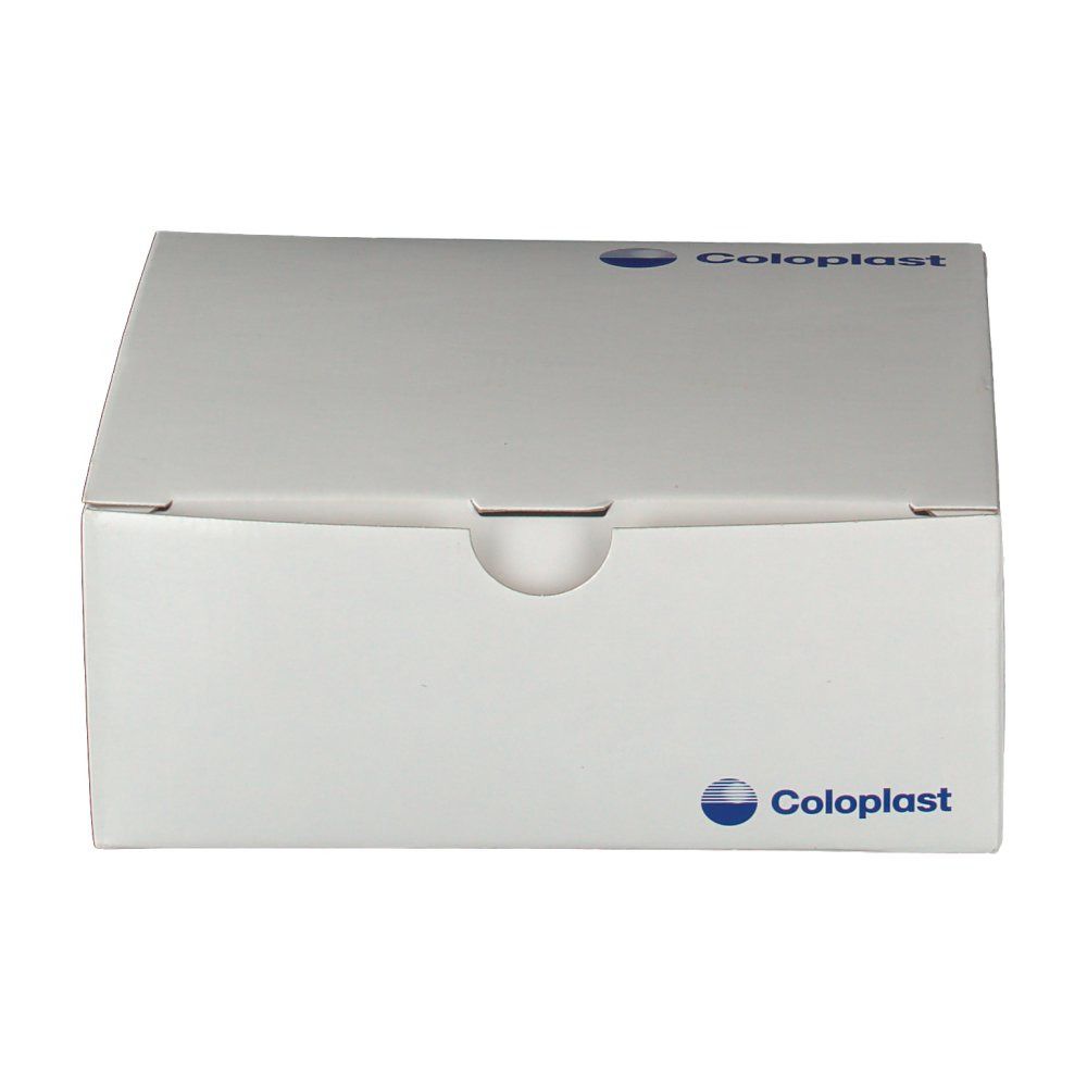 Witte doos met Coloplast-logo. Klep met uitsparing.