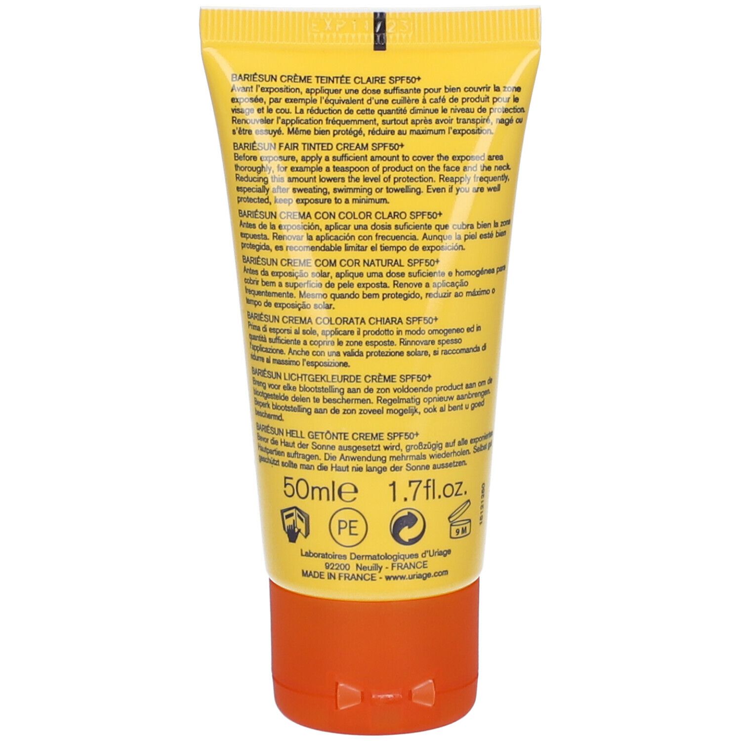 Rückseite der Uriage Bariésun Creme Tube. Text in mehreren Sprachen, darunter Deutsch, Französisch, Italienisch und Niederländisch.