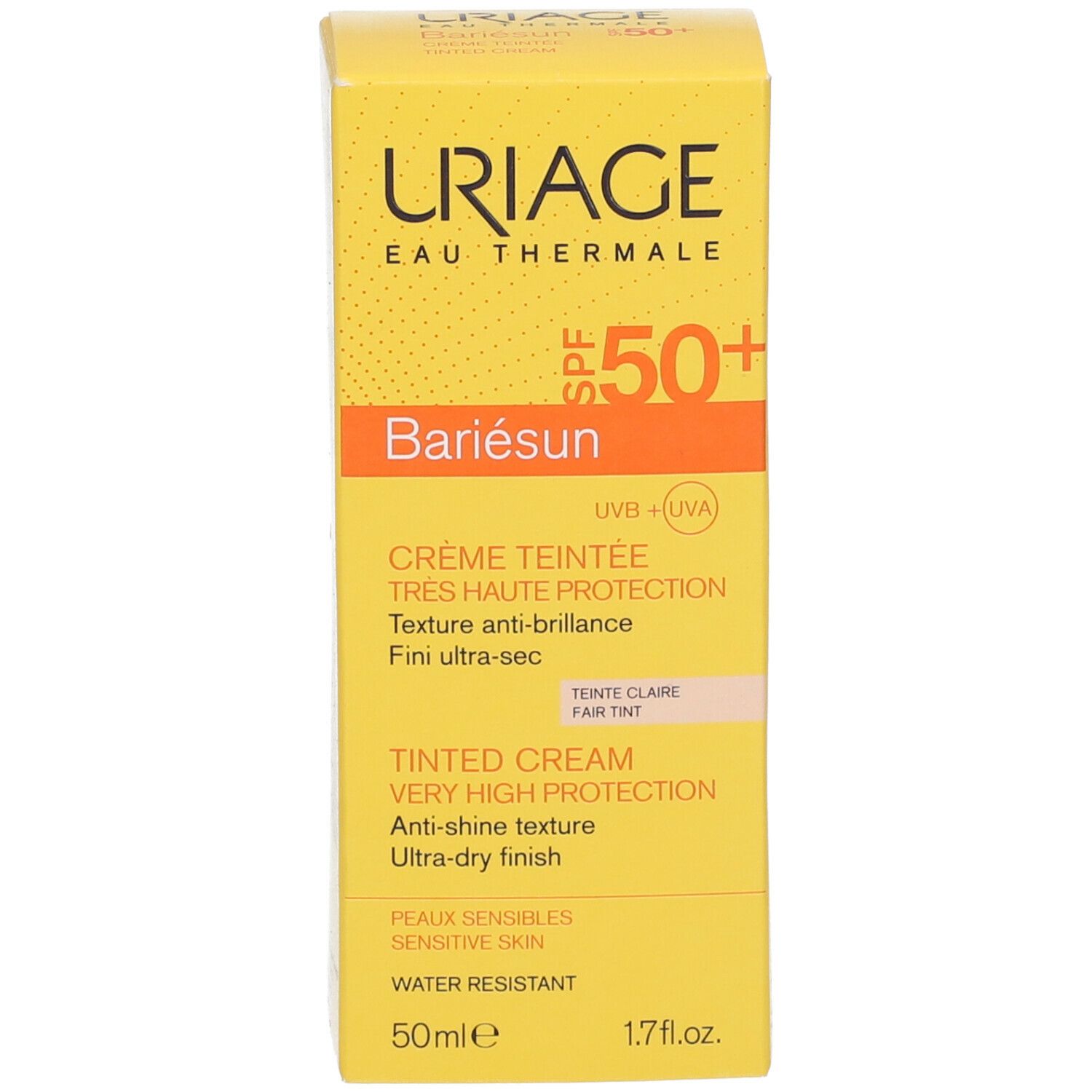 Verpackung der Uriage Bariésun Creme SPF50+. Gelb und orangefarben. Text in Französisch und Englisch. 50ml.