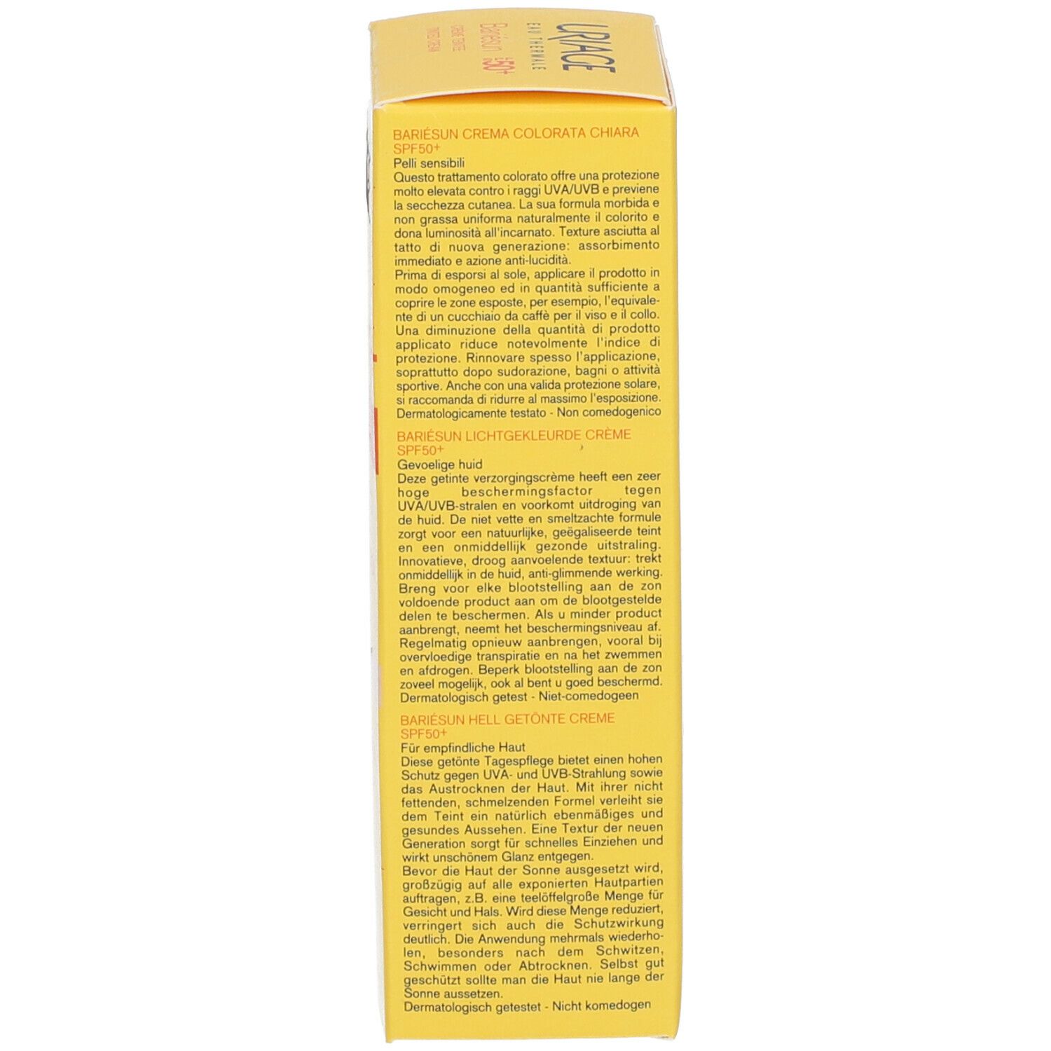 Rückseite der Uriage Bariésun Creme Verpackung. Text in mehreren Sprachen, darunter Deutsch, Französisch, Italienisch und Niederländisch.