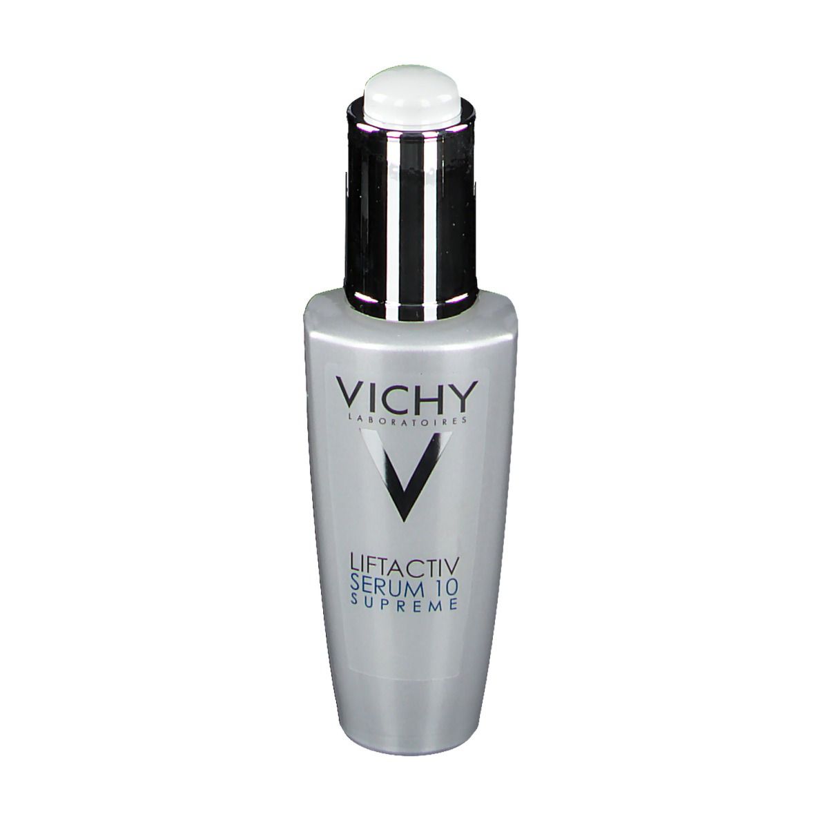 Grijze serumfles met zwarte dop. Opschrift: Vichy, Liftactiv Serum 10 Supreme.