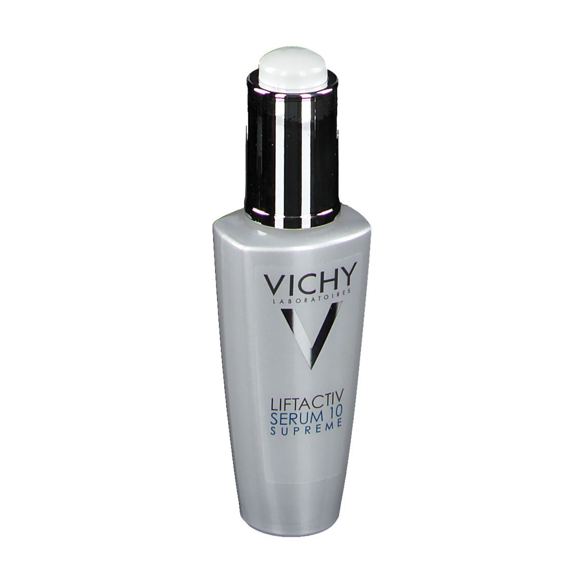 Grijze serumfles met zwarte dop. Opschrift: Vichy, Liftactiv Serum 10 Supreme.