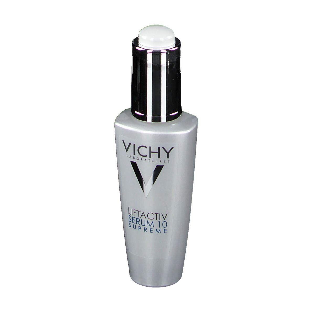 Grijze serumfles met zwarte dop. Opschrift: Vichy, Liftactiv Serum 10 Supreme.