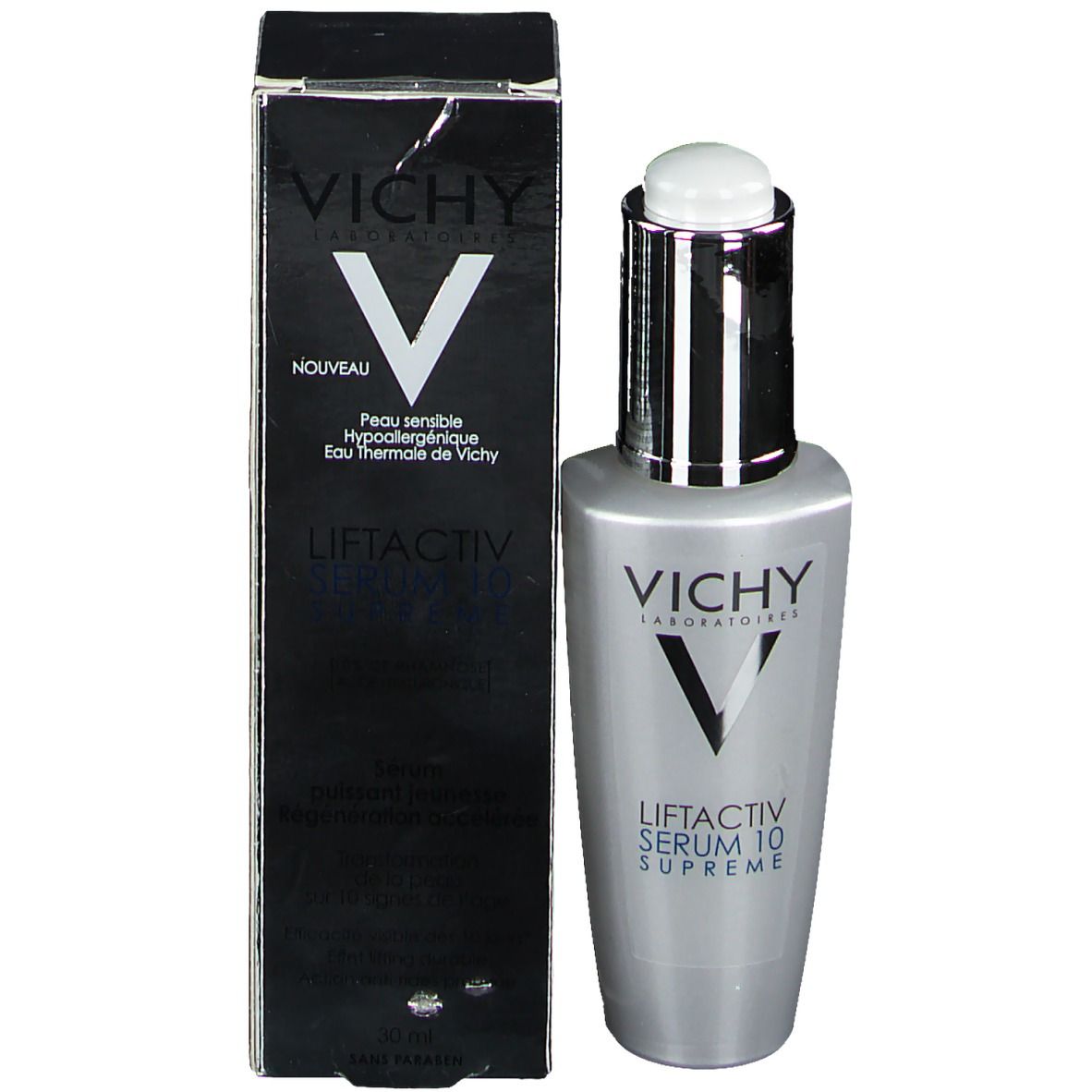 Serumfles en zwarte verpakking. Opschrift: Vichy, Liftactiv Serum 10 Supreme.