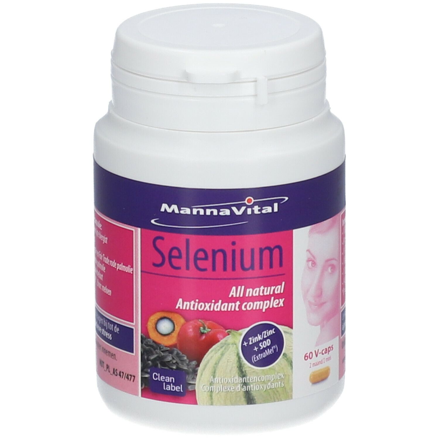 Witte fles Mannavital Sélénium. Opschrift: 60 V-caps, All natural antioxidant complex. Met afbeelding.