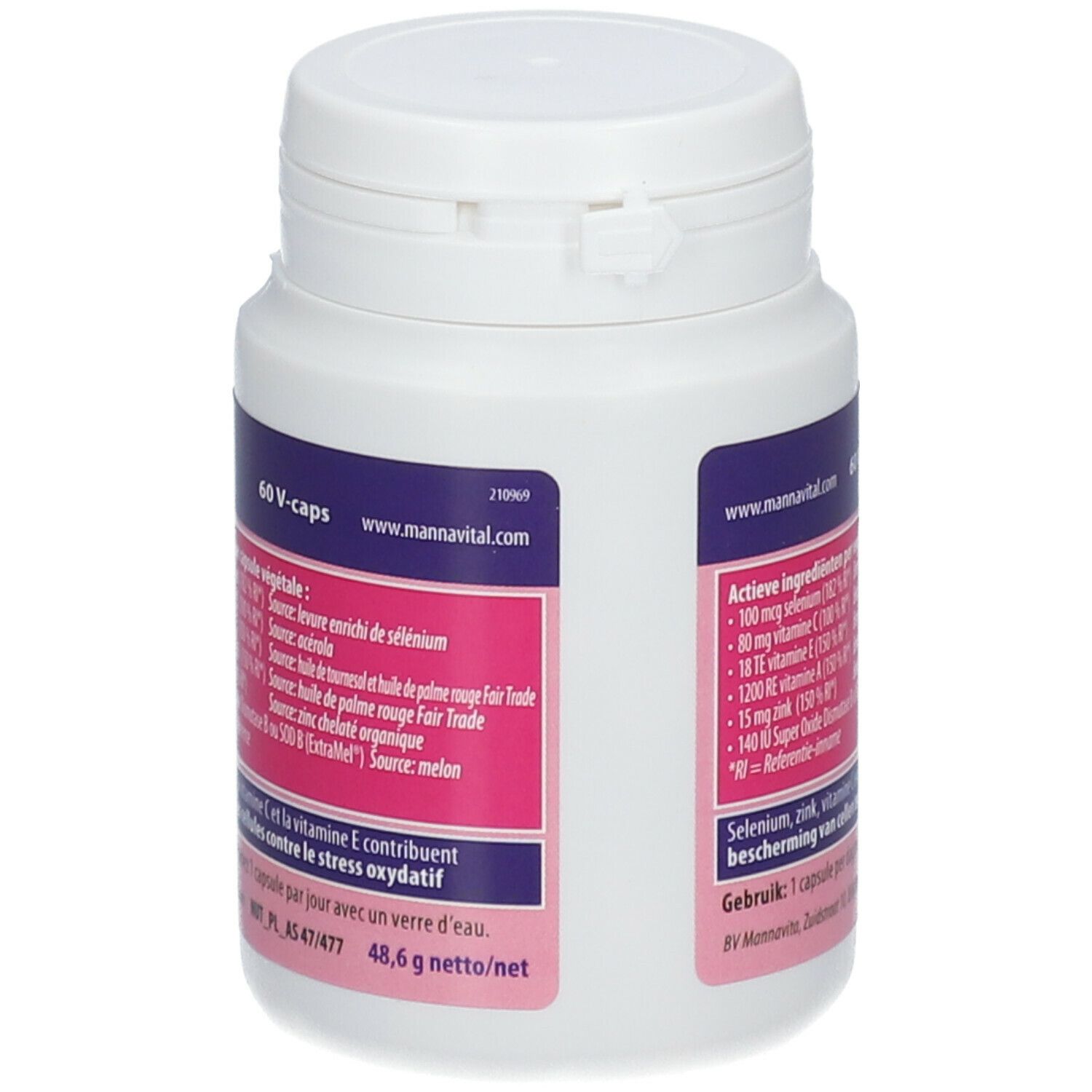 Achterkant witte fles Mannavital Sélénium. Opschrift: 60 V-caps, ingrediëntenlijst, www.mannavital.com.