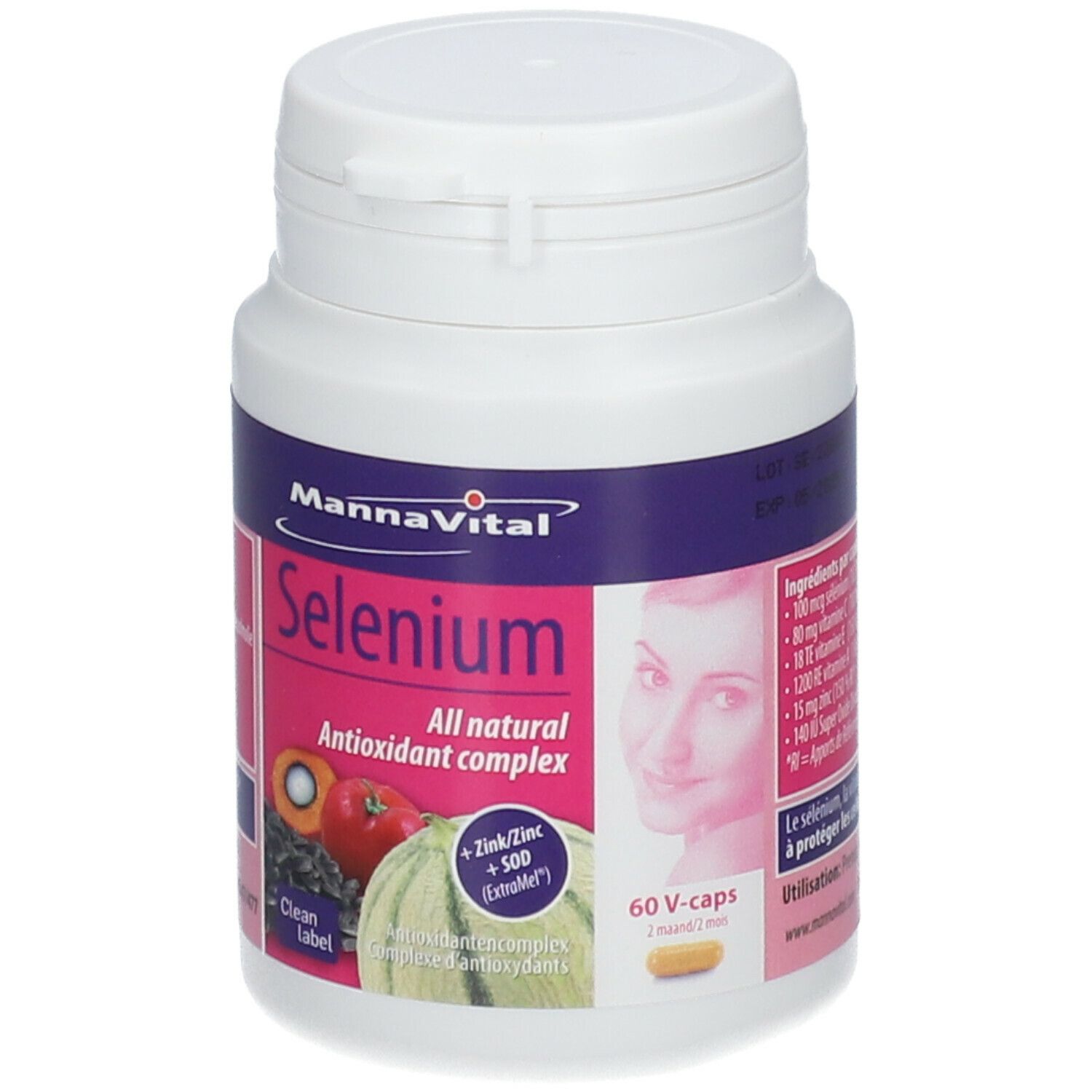 Witte fles Mannavital Sélénium. Opschrift: 60 V-caps, All natural antioxidant complex. Met afbeelding.