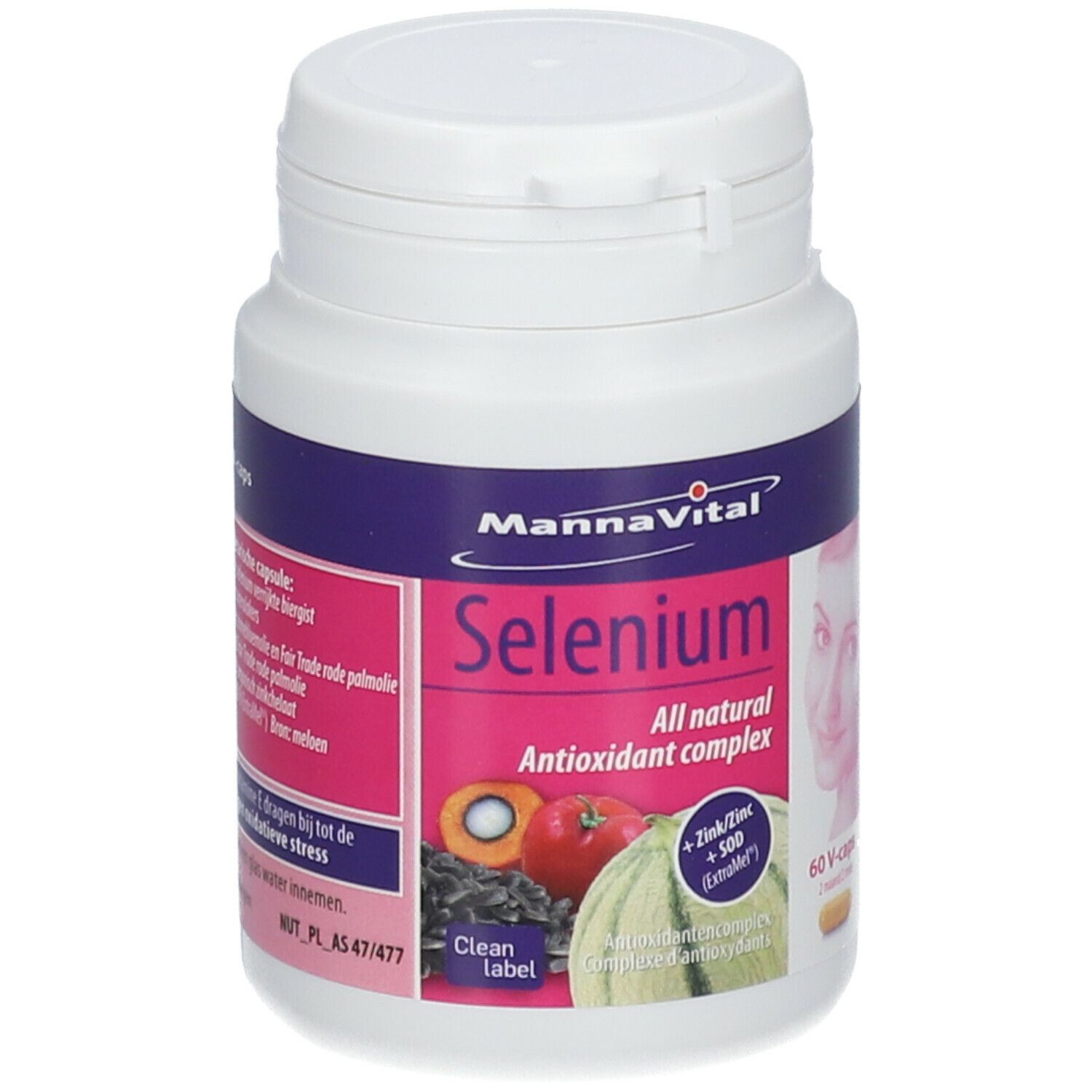 Witte fles Mannavital Sélénium. Opschrift: 60 V-caps, All natural antioxidant complex. Met afbeelding.