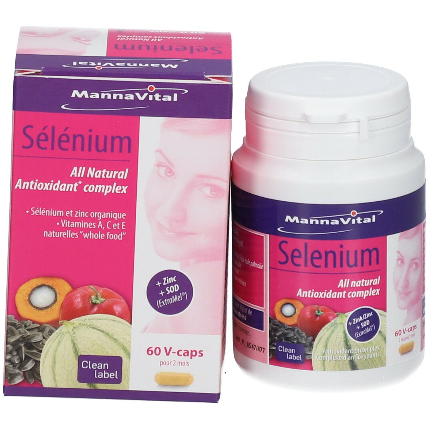 Mannavital Sélénium fles en doos. Opschrift: 60 V-caps, All natural antioxidant complex. Met afbeelding.