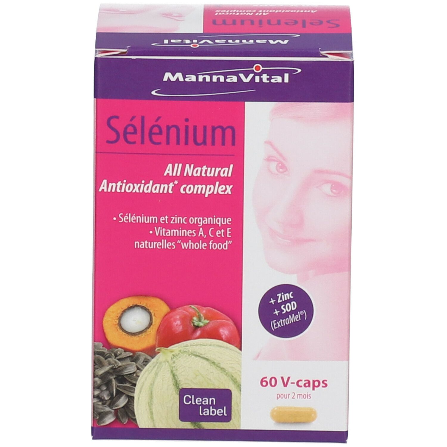 Doos Mannavital Sélénium. Opschrift: 60 V-caps, All natural antioxidant complex. Met afbeelding.