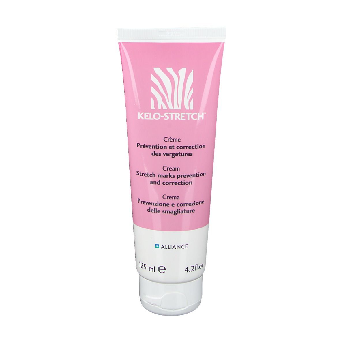 Roze tube KELO-STRETCH® Crème. Meertalige tekst. Zebra logo. 125 ml.