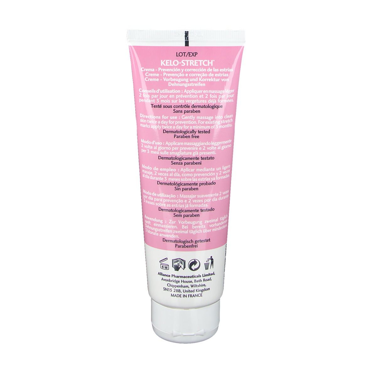 Achterkant tube KELO-STRETCH® Crème. Meertalige tekst. Witte sluiting.