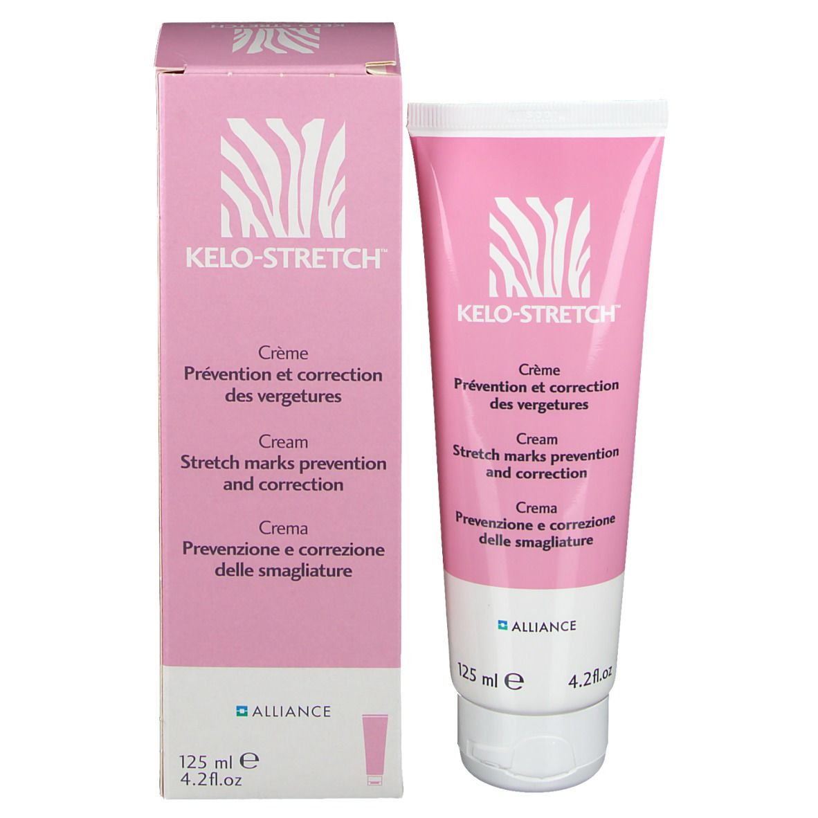 Roze tube en doos KELO-STRETCH® Crème. Meertalige tekst. Zebra logo.