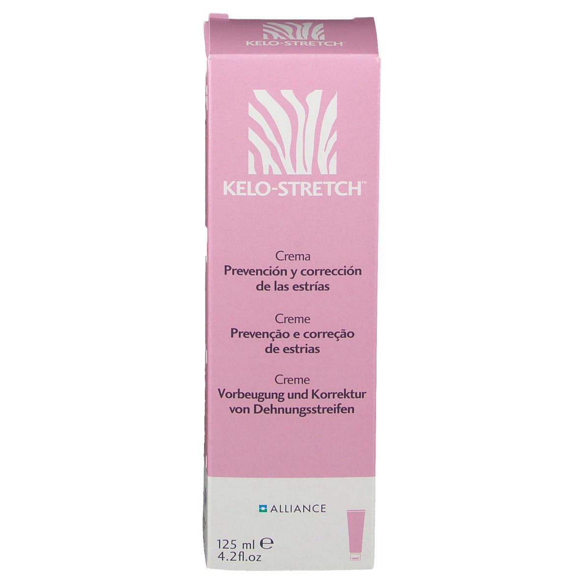 Zijkant doos KELO-STRETCH® Crème. Meertalige tekst. Roze.