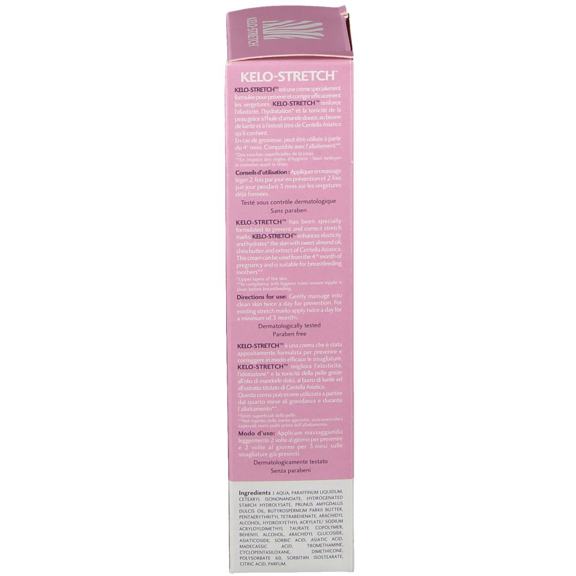 Achterkant doos KELO-STRETCH® Crème. Meertalige tekst. Roze.