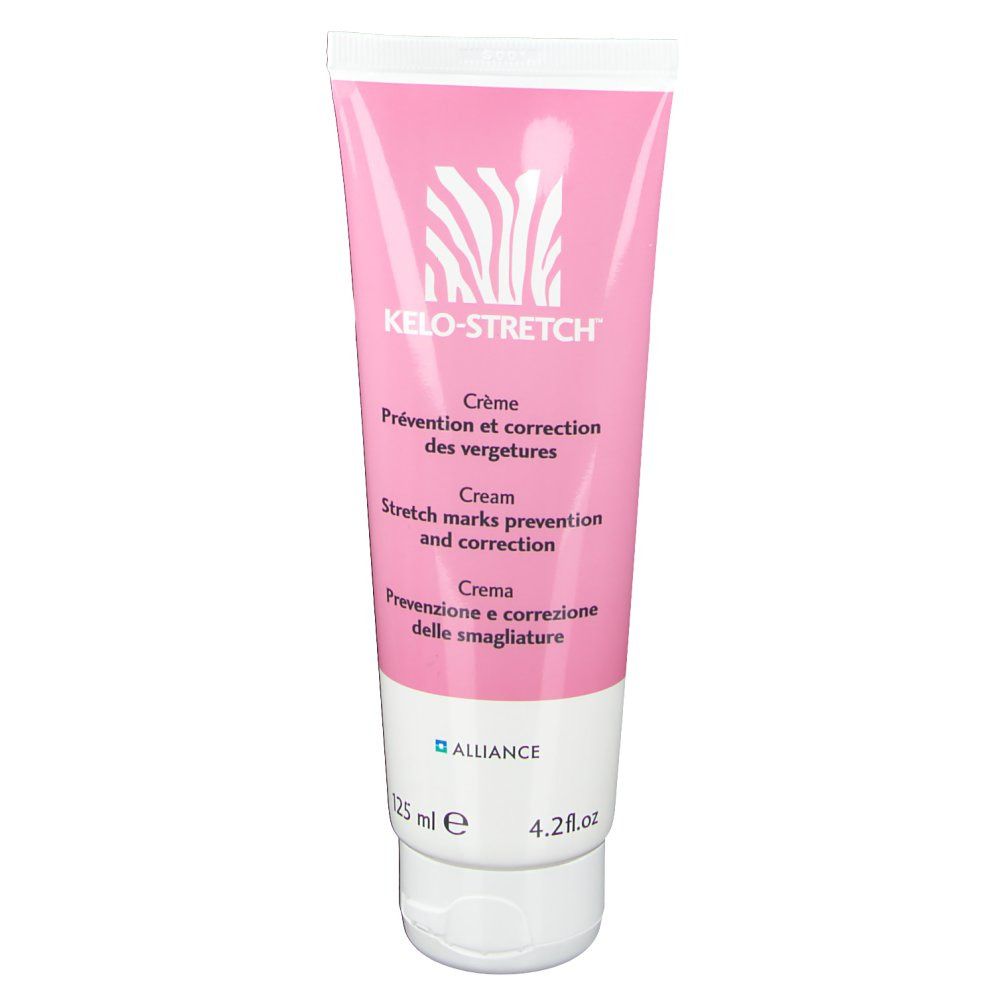 Roze tube KELO-STRETCH® Crème. Meertalige tekst. Zebra logo. 125 ml.