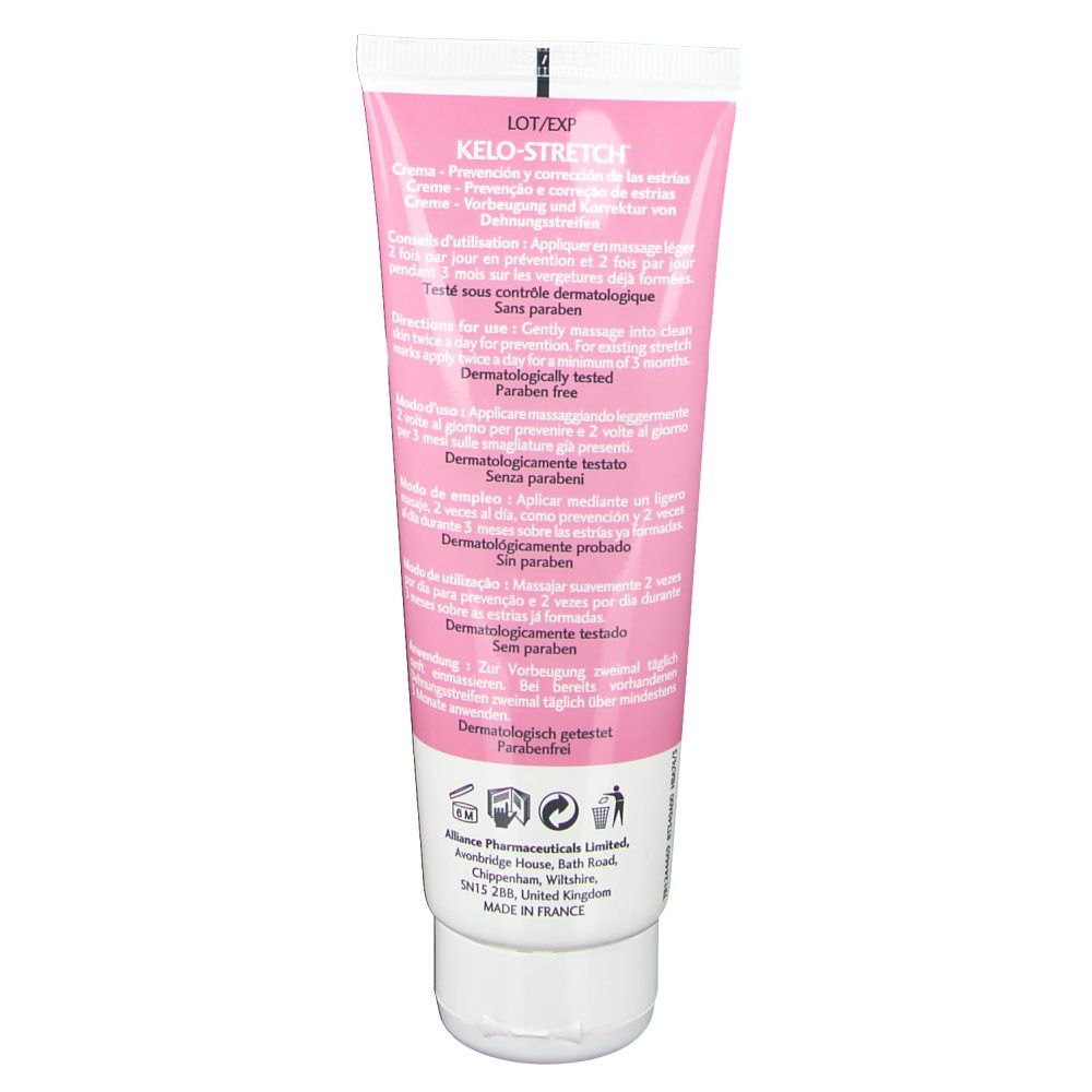 Achterkant tube KELO-STRETCH® Crème. Meertalige tekst. Witte sluiting.