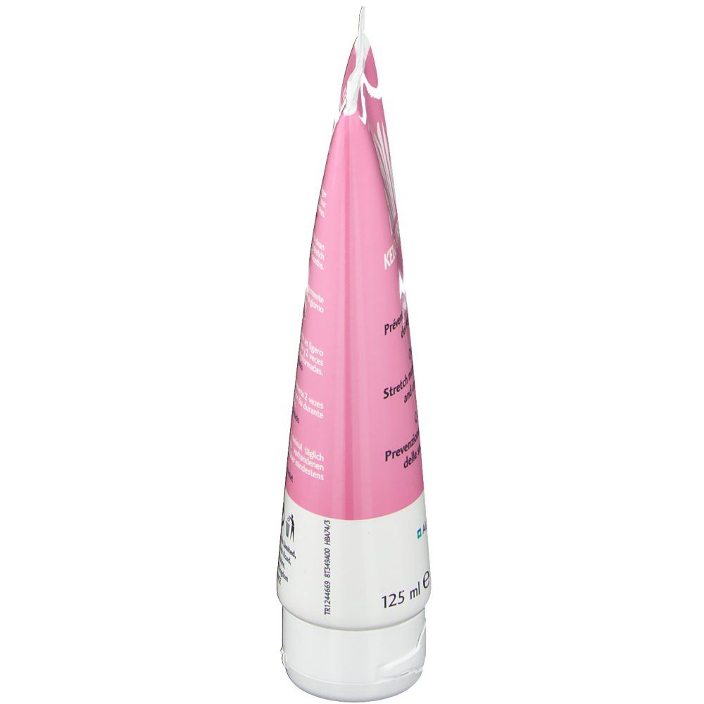 Zijkant tube KELO-STRETCH® Crème. Meertalige tekst. Witte sluiting. 125 ml.