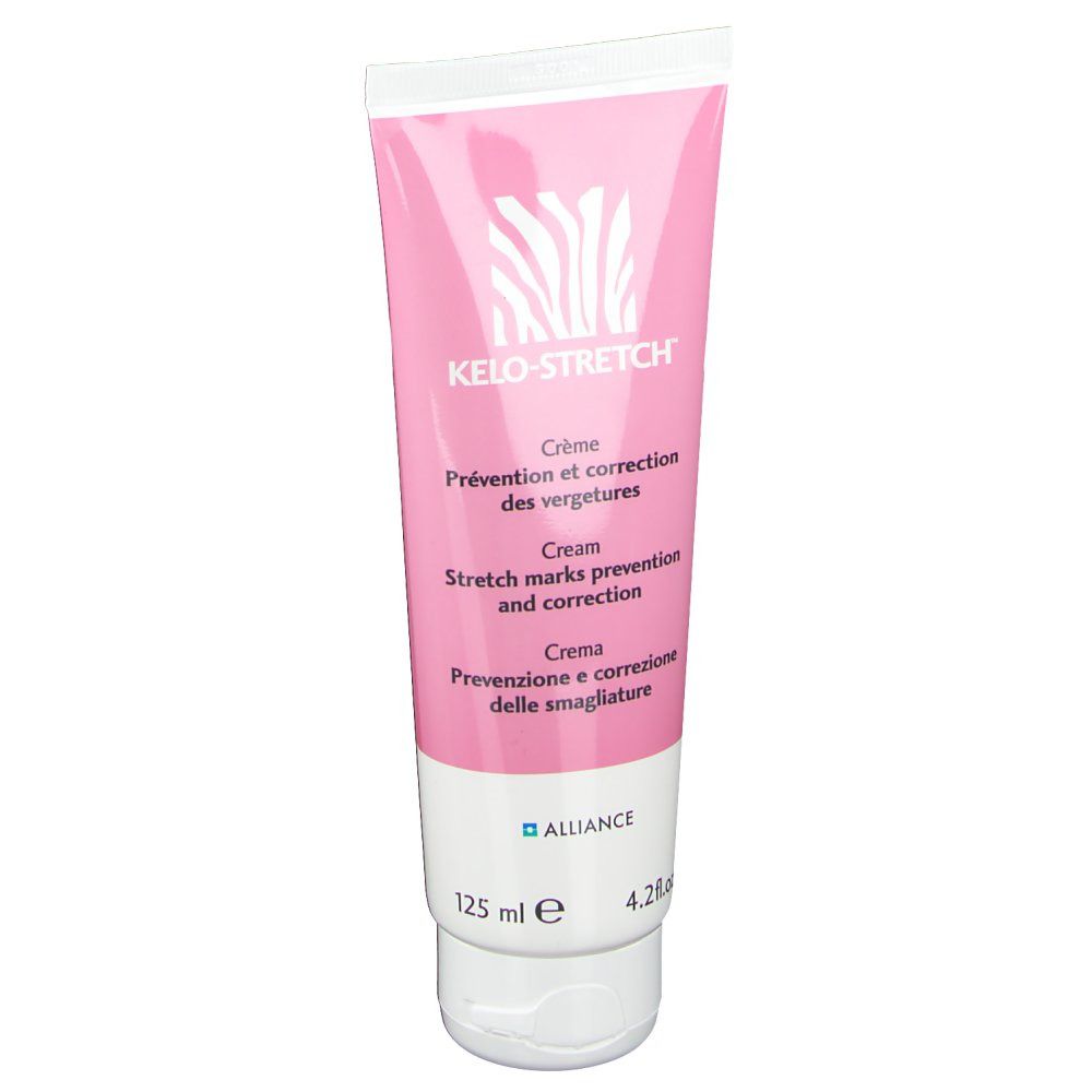 Roze tube KELO-STRETCH® Crème. Meertalige tekst. Zebra logo. 125 ml.