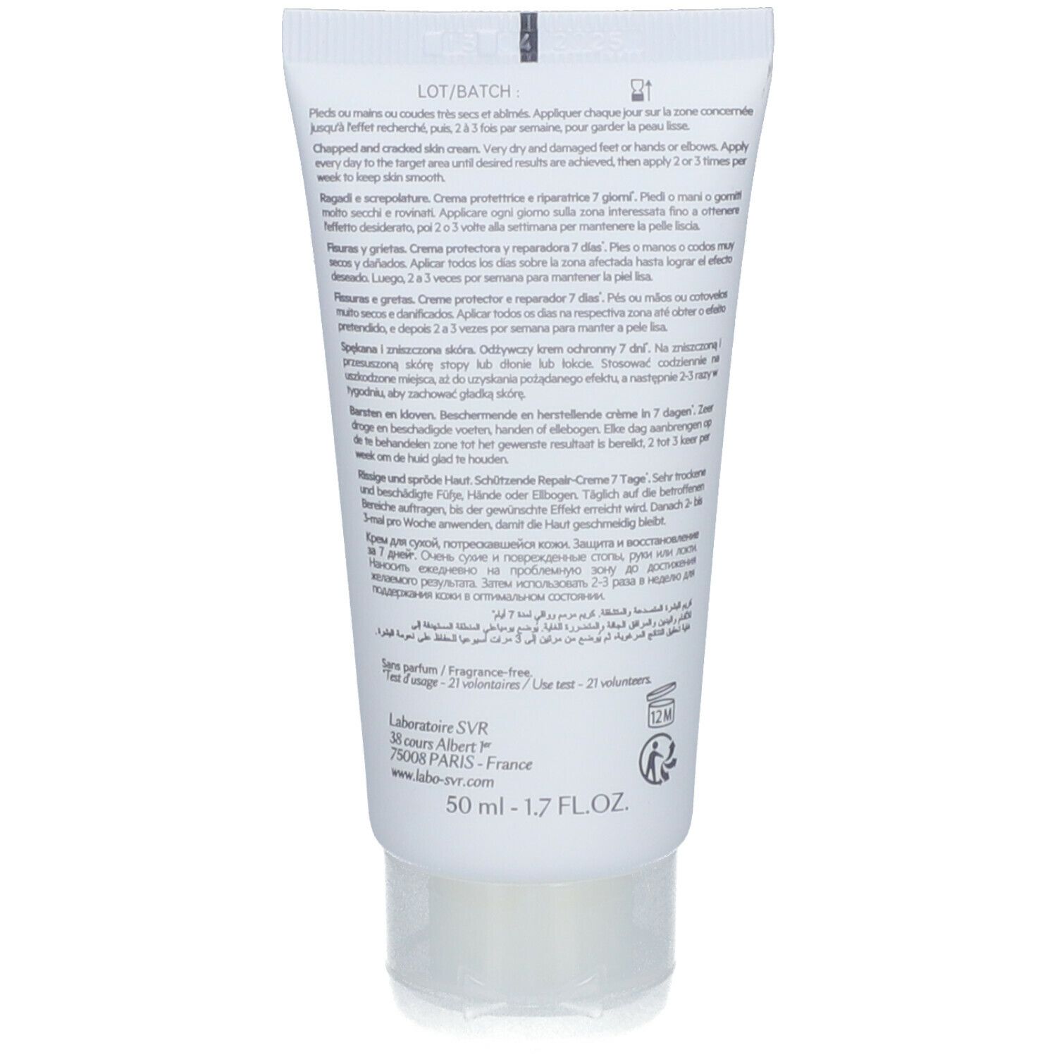 Achterkant van de tube. Meertalige tekst. Informatie over gebruik en ingrediënten. Inhoud 50 ml.