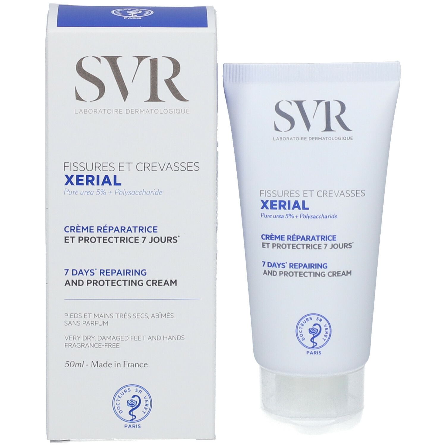 Verpakking en tube. Witte en blauwe verpakking. Witte tube met blauwe tekst. Tekst: SVR, XERIAL, Crème réparatrice.