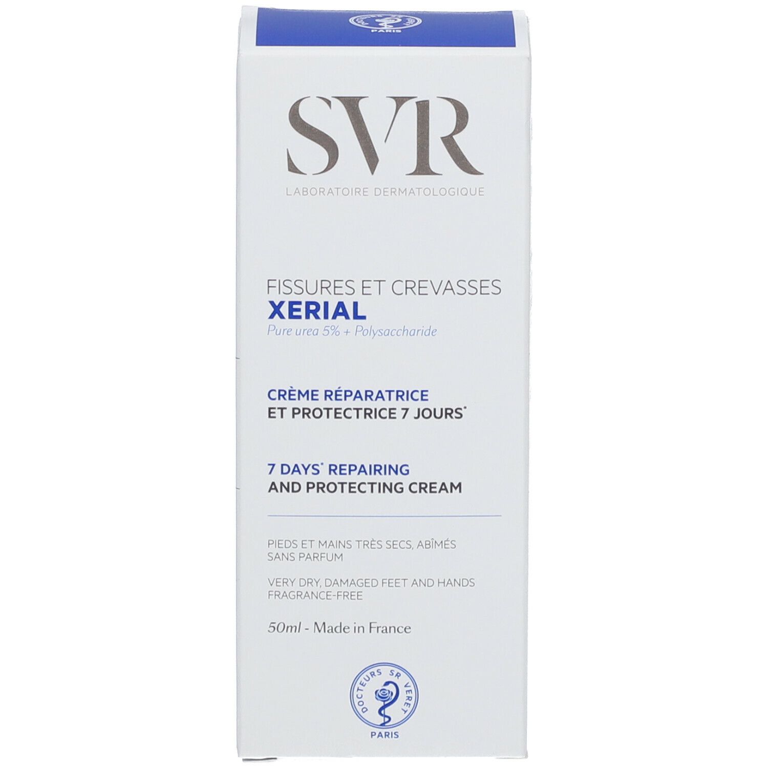 Productverpakking. Wit met blauw deksel. Tekst: SVR, XERIAL, Crème réparatrice. Voor gesprongen huid. 50ml.