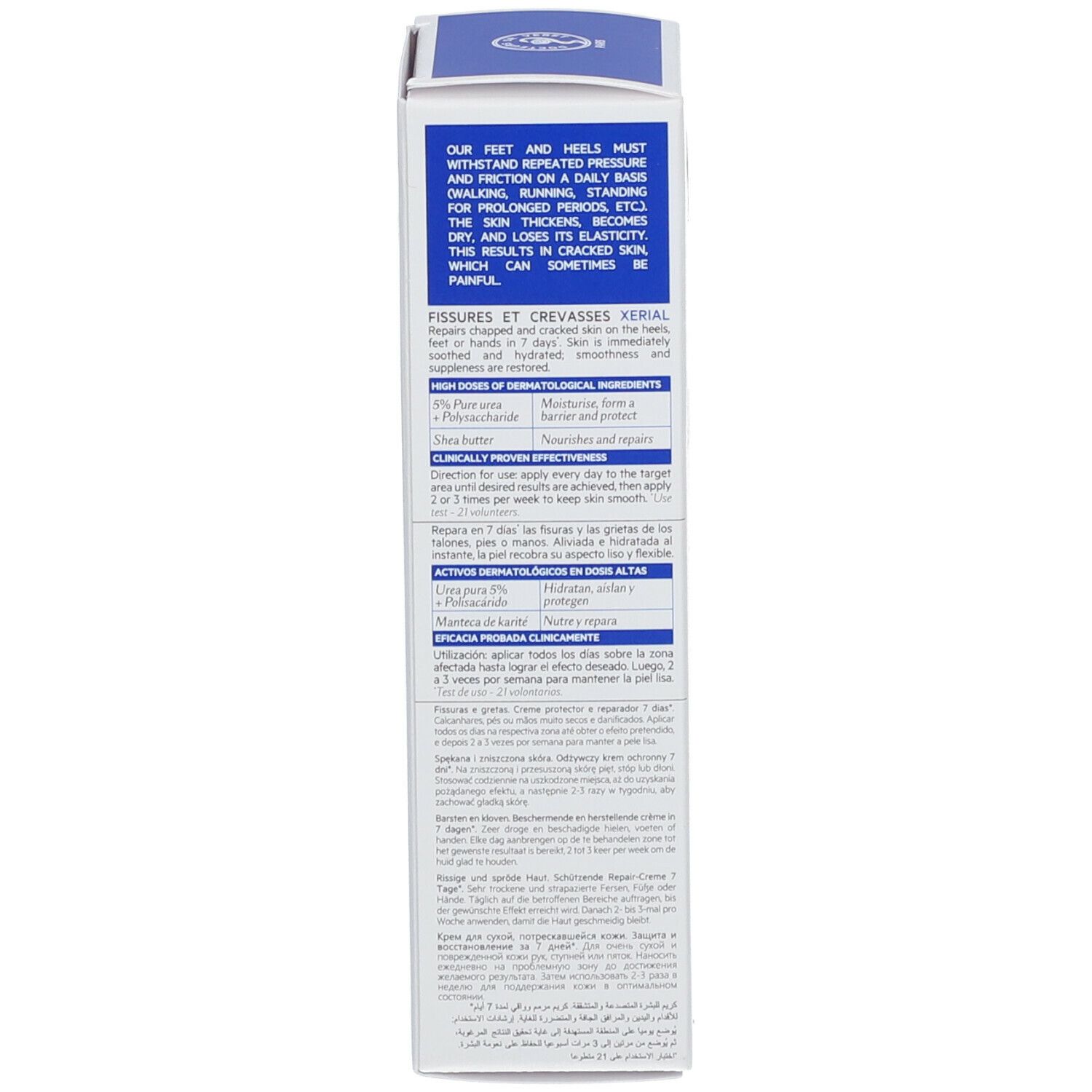 Productverpakking. Achterkant. Meertalige tekst. Informatie over ingrediënten en gebruik. 50ml.
