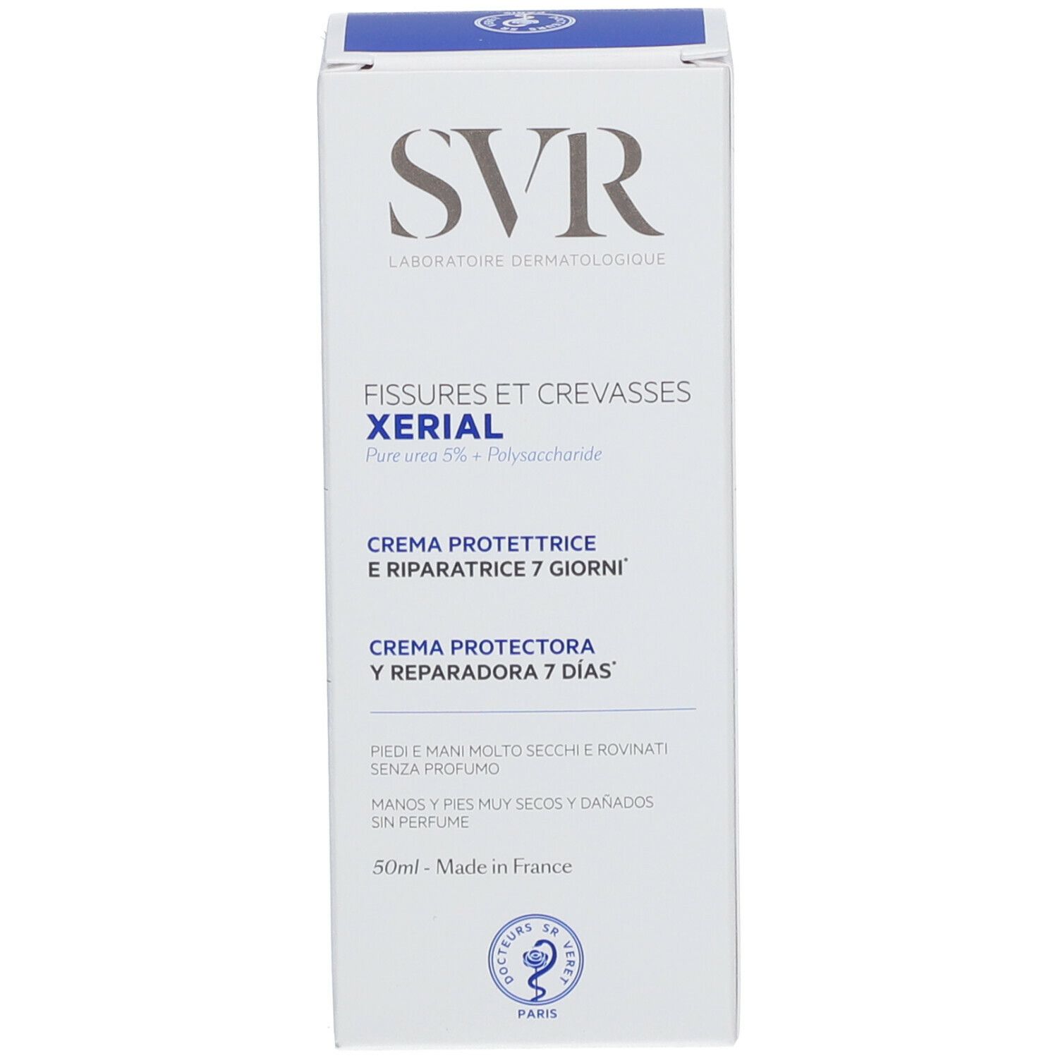 Productverpakking. Voorkant. Tekst: SVR, XERIAL, Crème réparatrice. Voor gesprongen huid. 50ml. Zonder parfum.