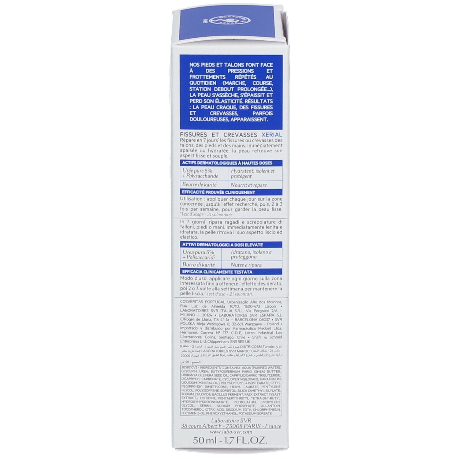 Productverpakking. Achterkant. Meertalige tekst. Informatie over ingrediënten en gebruik. 50ml.