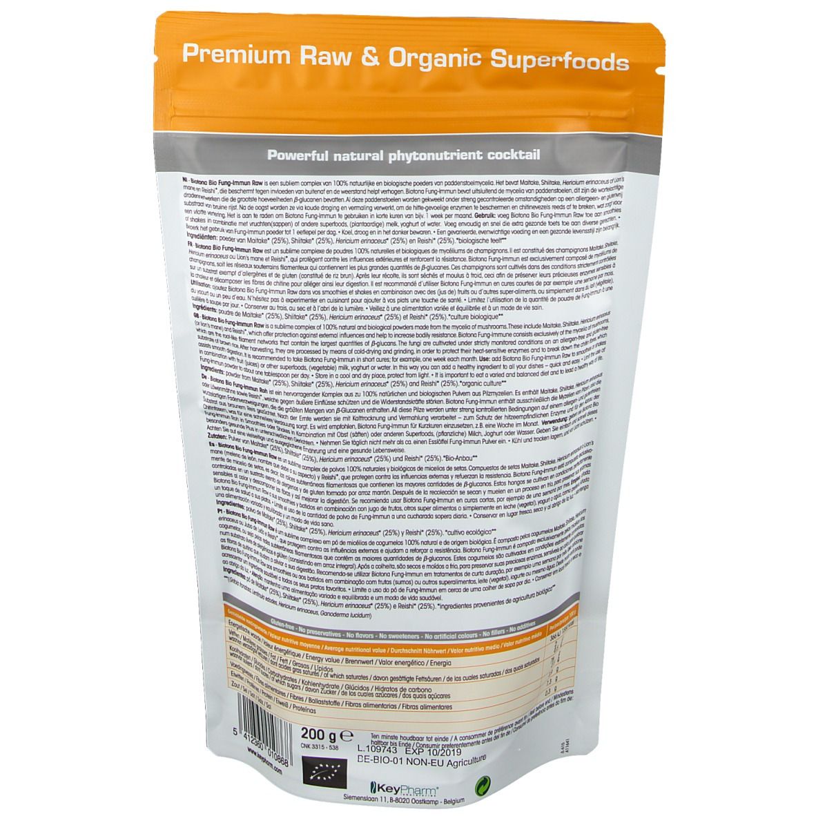Verpackung mit Text. Oben steht "Premium Raw & Organic Superfoods". Unten steht "200 g e". Bio-Siegel.