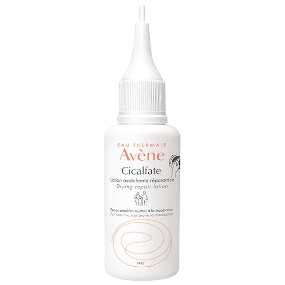 Flacon blanc avec applicateur. Inscription: Eau Thermale Avène Cicalfate. Lotion réparatrice asséchante.