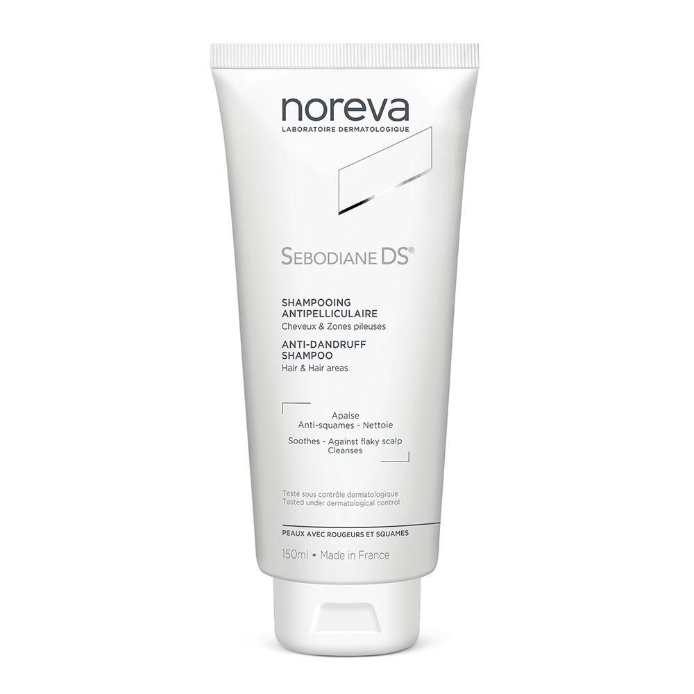 Witte tube shampoo. Opschrift: Sebodiane DS, Anti-roos shampoo. Merk: Noreva.