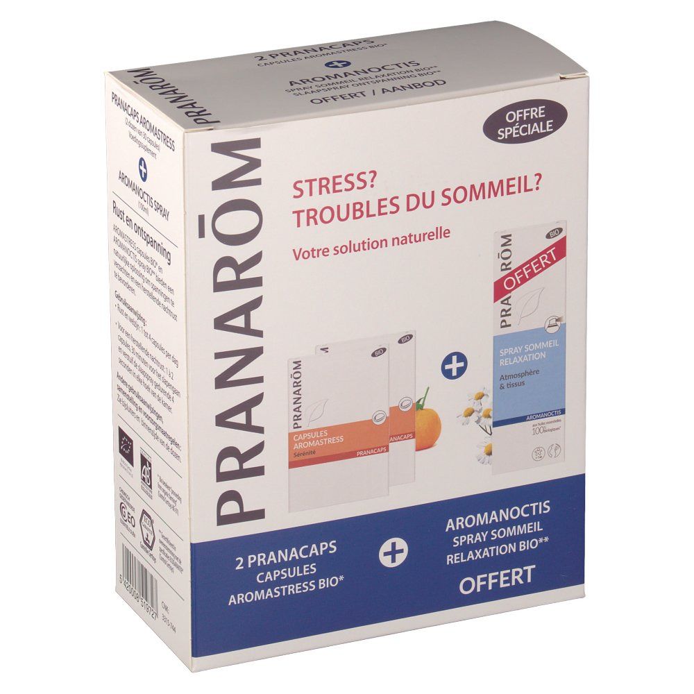 Boîte Pranarom avec capsules et spray. Inscription: Aromanoctis, Aromastress, Offre Spéciale. Certification Bio visible.