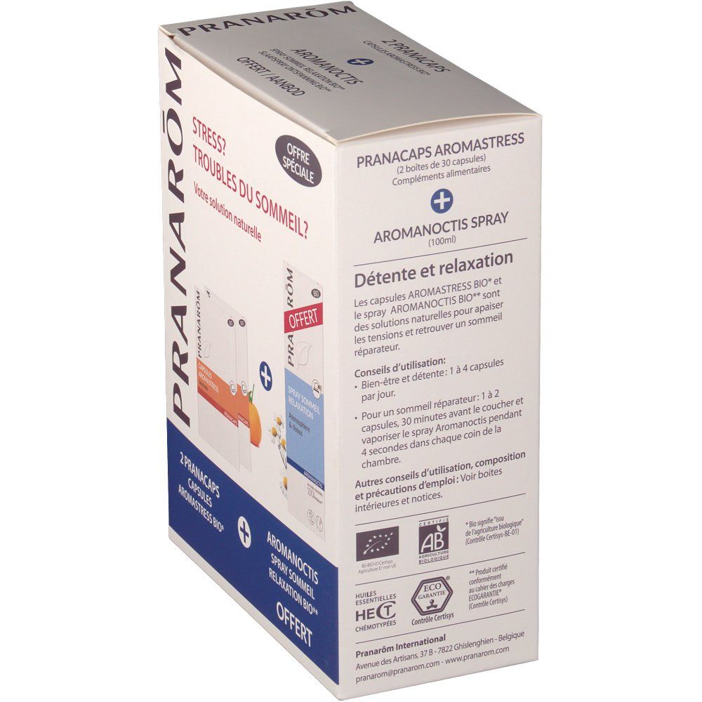 Vue latérale de la boîte Pranarom. Inscriptions: Aromanoctis Spray, capsules Aromastress. Certifications Bio et informations.