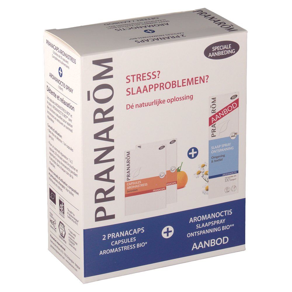 Boîte Pranarom avec capsules et spray. Inscription: Aromanoctis, Aromastress, Offre Spéciale. Certification Bio visible.