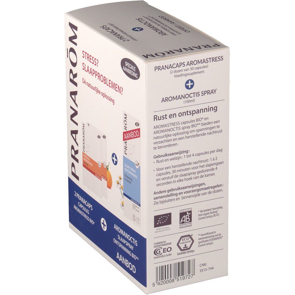 Vue latérale de la boîte Pranarom. Inscriptions: Aromanoctis Spray, capsules Aromastress. Certifications Bio et informations.