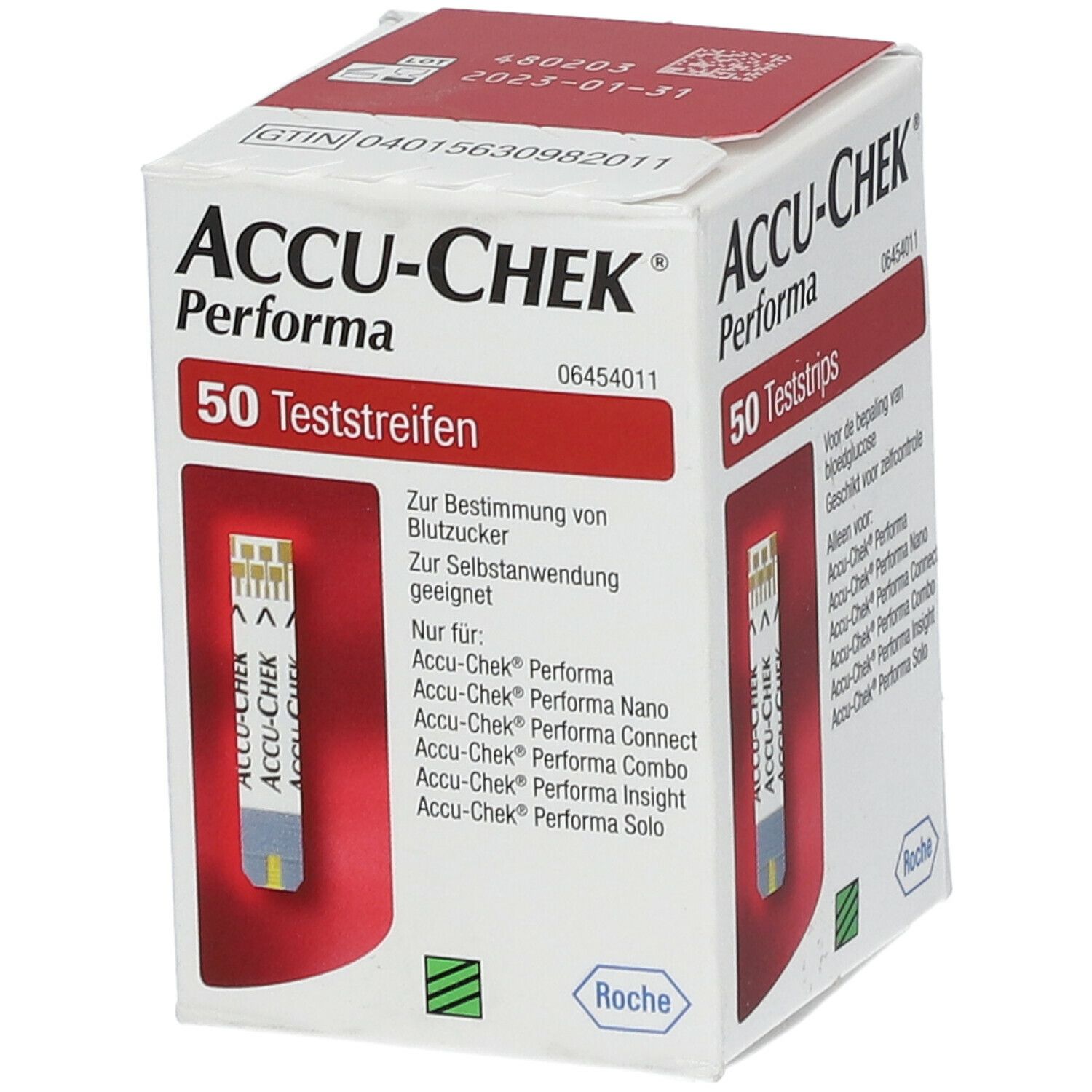 Verpackung von Accu-Chek Performa Teststreifen. 50 Teststreifen. Aufdrucke in Deutsch. Roche-Logo.