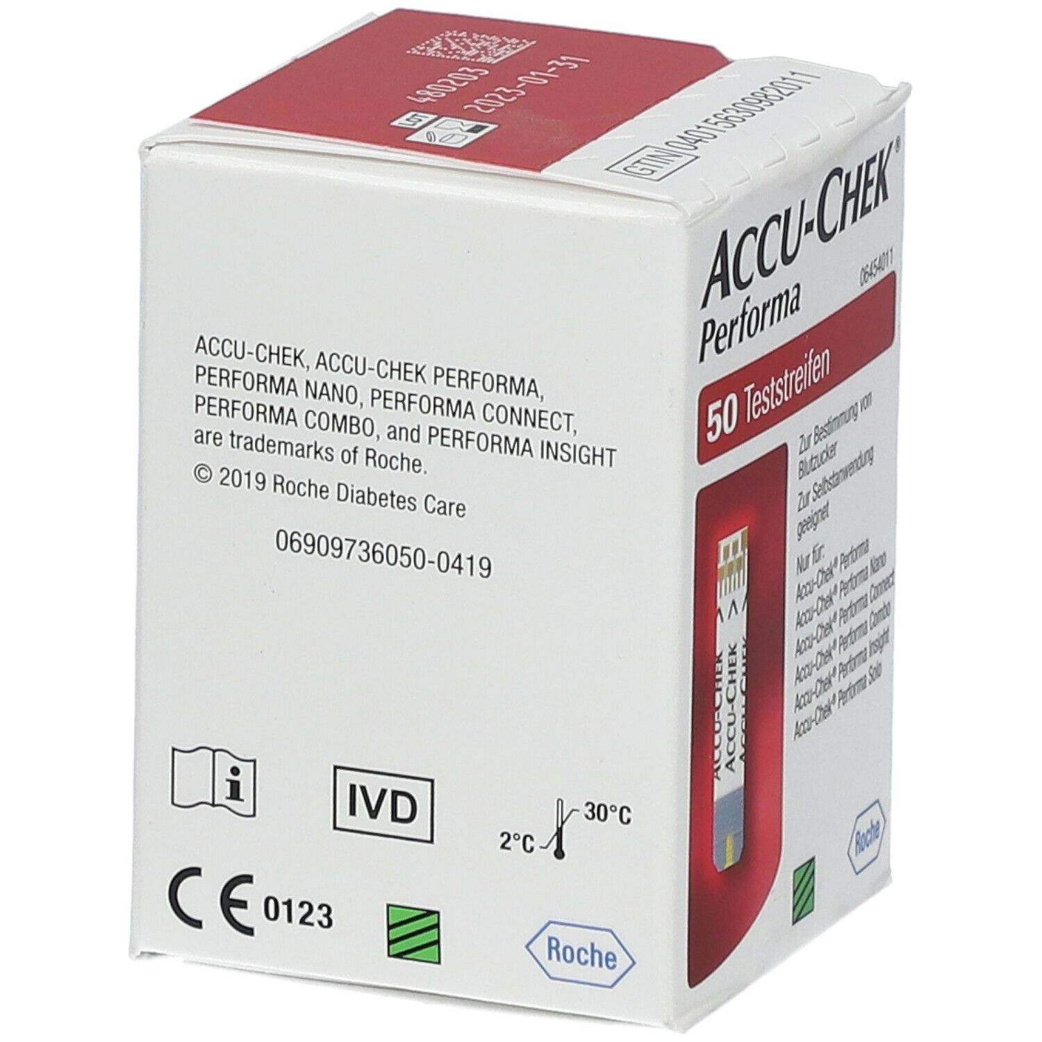 Verpackung von Accu-Chek Performa Teststreifen. 50 Teststreifen. Aufdrucke in Deutsch. Roche-Logo, CE-Kennzeichnung.