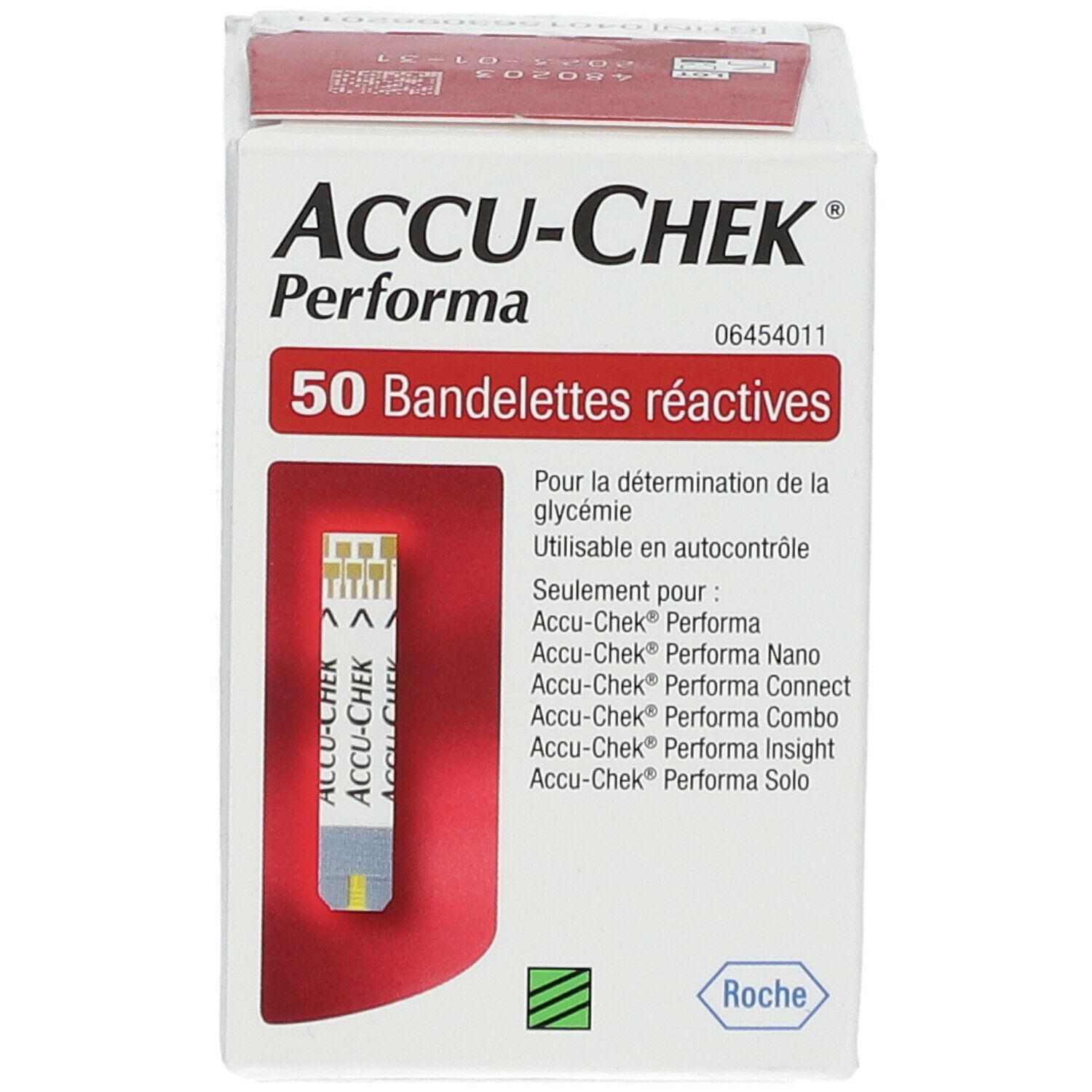 Verpackung von Accu-Chek Performa Bandelettes. 50 reaktive Teststreifen. Aufdrucke in Französisch. Roche-Logo.