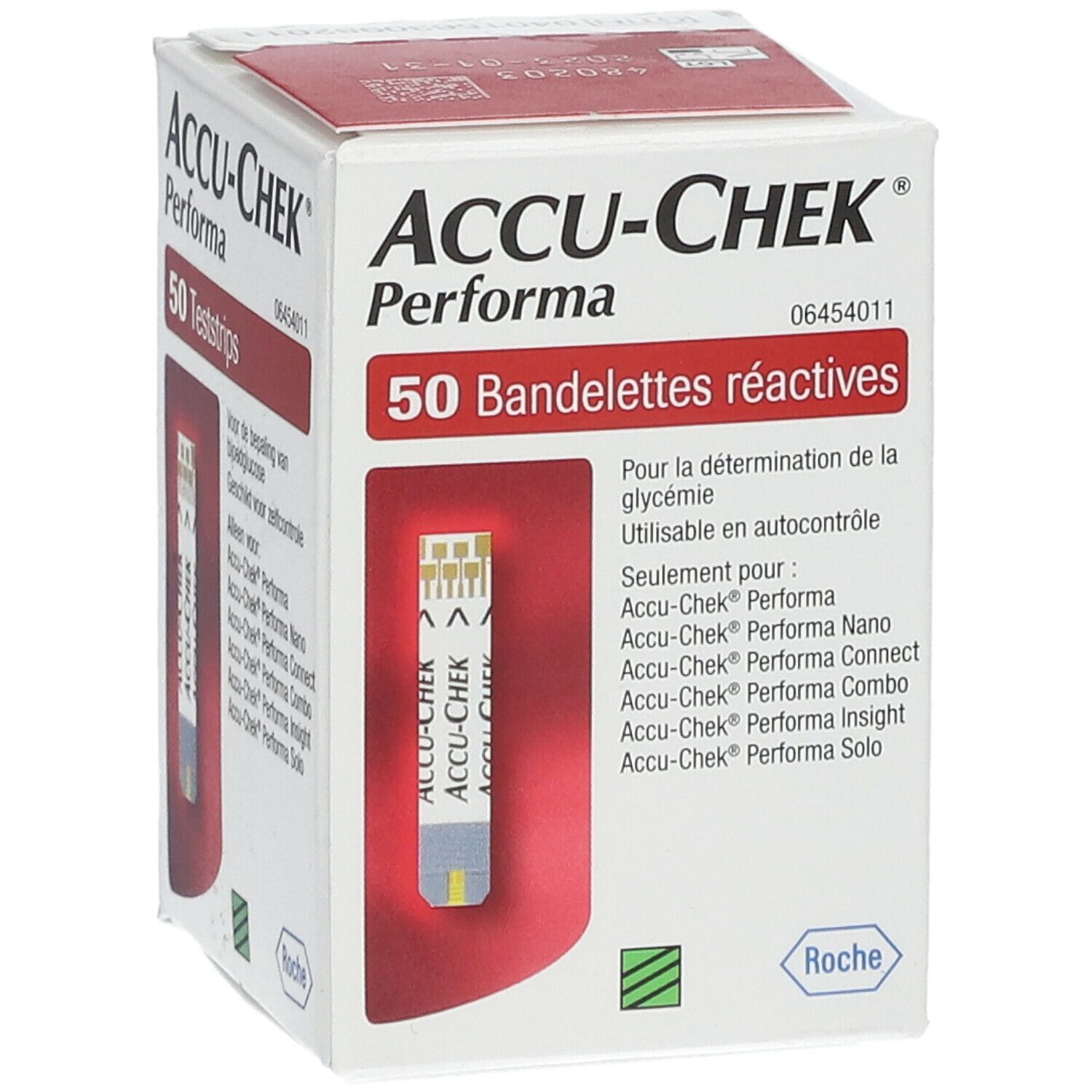 Verpackung von Accu-Chek Performa Bandelettes. 50 reaktive Teststreifen. Aufdrucke in Französisch. Roche-Logo.