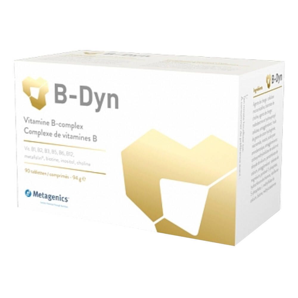 Boîte blanche avec logo B-Dyn et texte. Contient un complexe de vitamine B. 90 comprimés. Marque Metagenics.