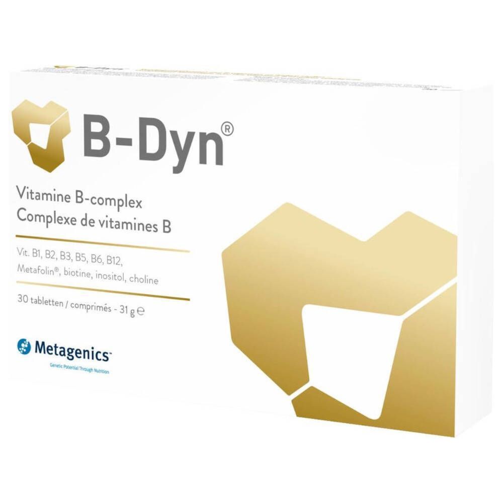 Boîte de B-Dyn. Contient des vitamines B. Marque Metagenics. 30 comprimés. Design doré.